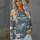 Camouflage Shoulder To Hollow Out Long Sleeve Top
