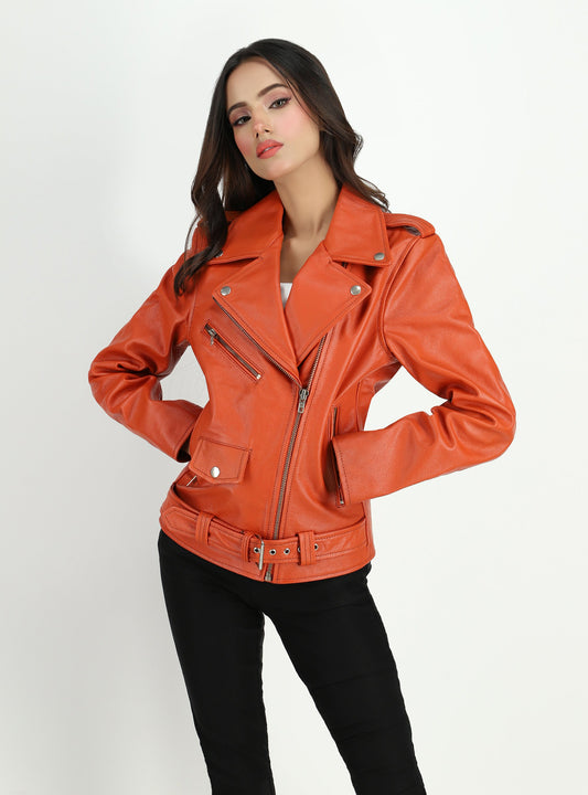 Moto-Style Cowhide Orange Leather Jacket