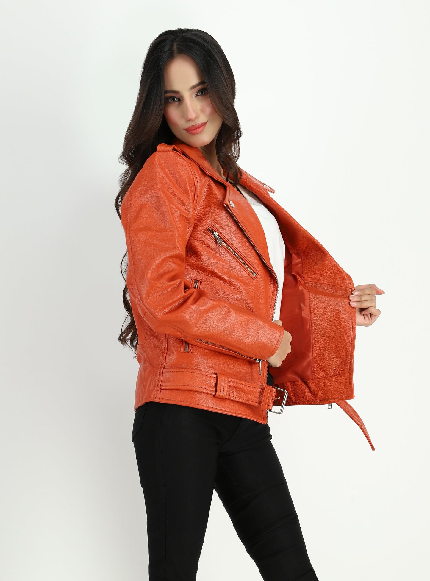 Moto-Style Cowhide Orange Leather Jacket