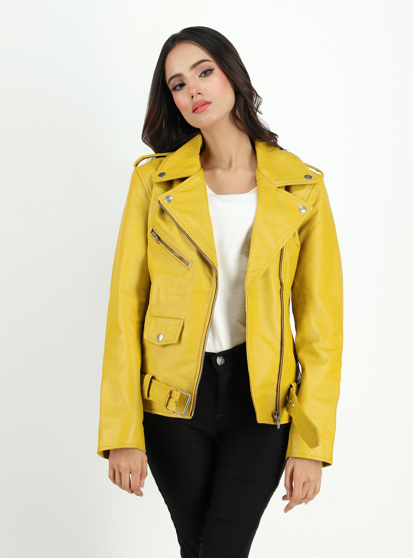 Moto Style Cowhide Yellow Leather Jacket