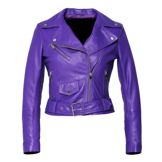 Womens Moto Nappa in Deerskin Emboss Print Purple Leather Jacket