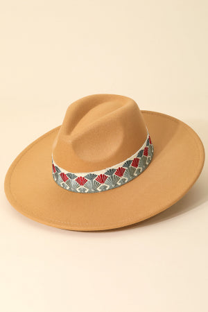 Tan Patterned Ribbon Fedora Hat