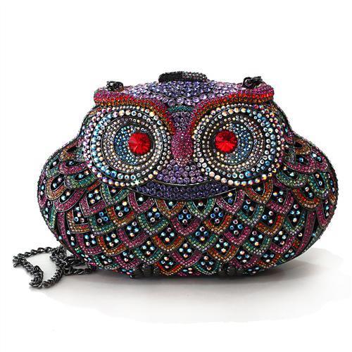 Owl Metal Clutch with Top Grade Crystal  in Multi