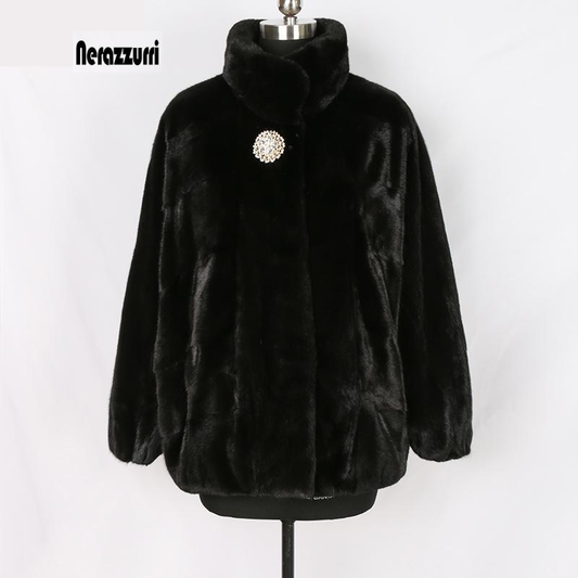Real Mink Black Fur Coat Batwing Sleeve Stand Collar Thick Warm